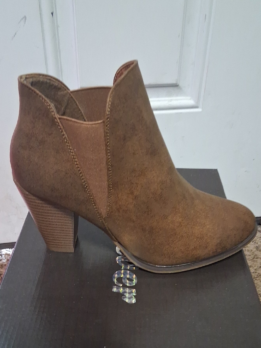 Classic Brown Suede-Look Ankle Bootie with Stacked Heel